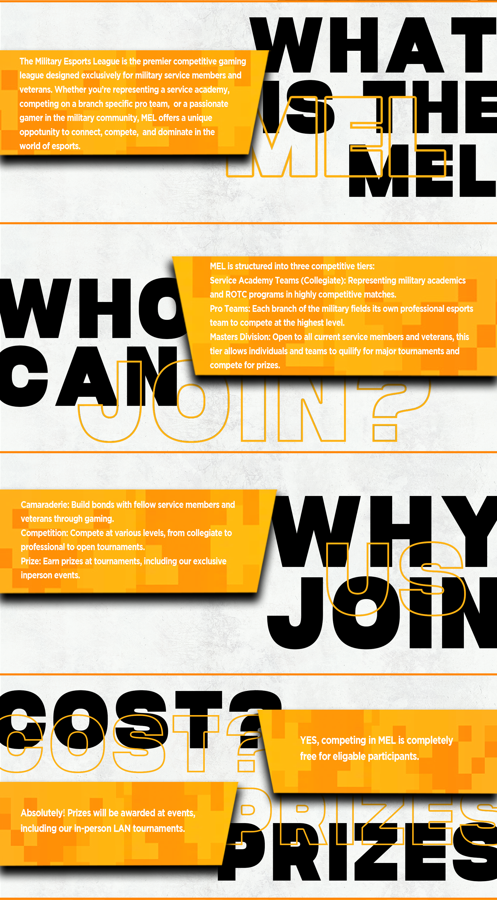 What is the MEL, who can join, why join, cost, and prizes answers for the Military Esports League